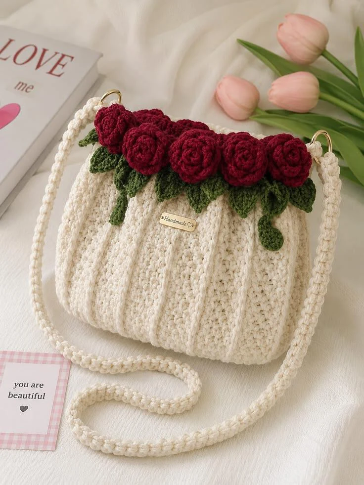 Cream crochet potli bag with red crochet roses