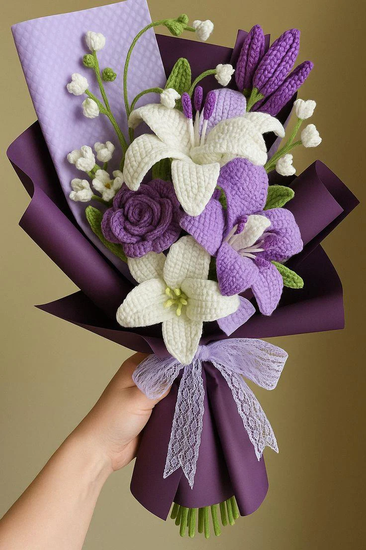 Handmade purple and white crochet flower bouquet